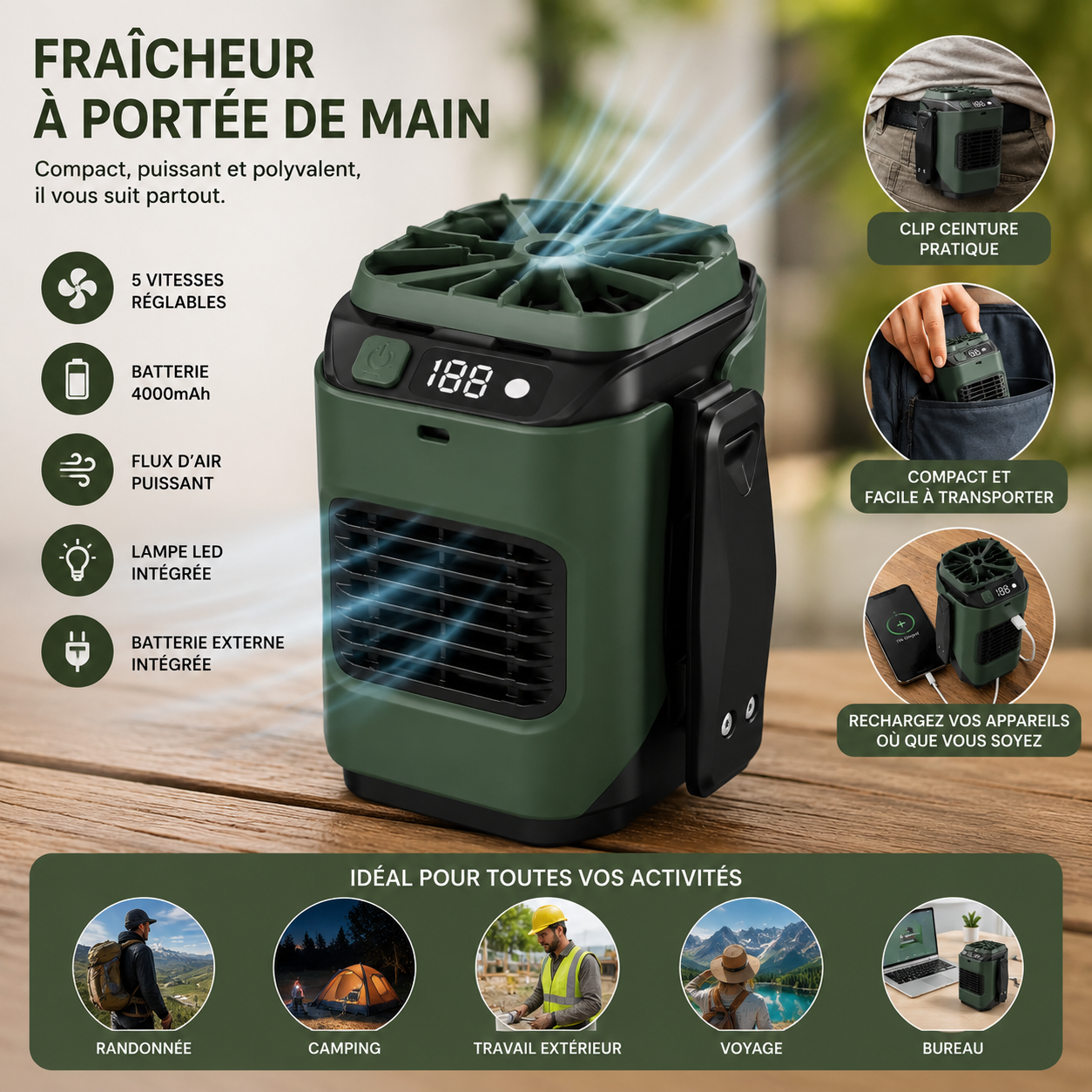 Mini-ventilateur portable mains libres